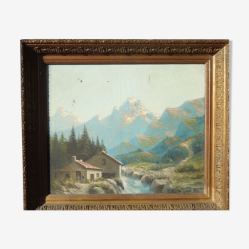 Tableau peinture montagnes paysage enneigé cadre bois doré  signé 72x62cm