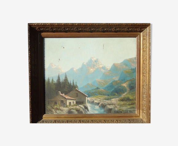 Tableau peinture montagnes paysage enneigé cadre bois doré signé 72x62cm