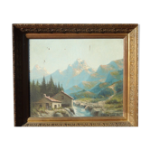 Tableau peinture montagnes paysage enneigé cadre bois doré  signé 72x62cm