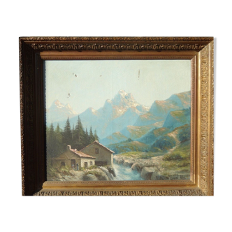 Tableau peinture montagnes paysage enneigé cadre bois doré  signé 72x62cm