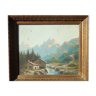 Painting mountains snowy landscape frame gilded wood signed 72x62cm