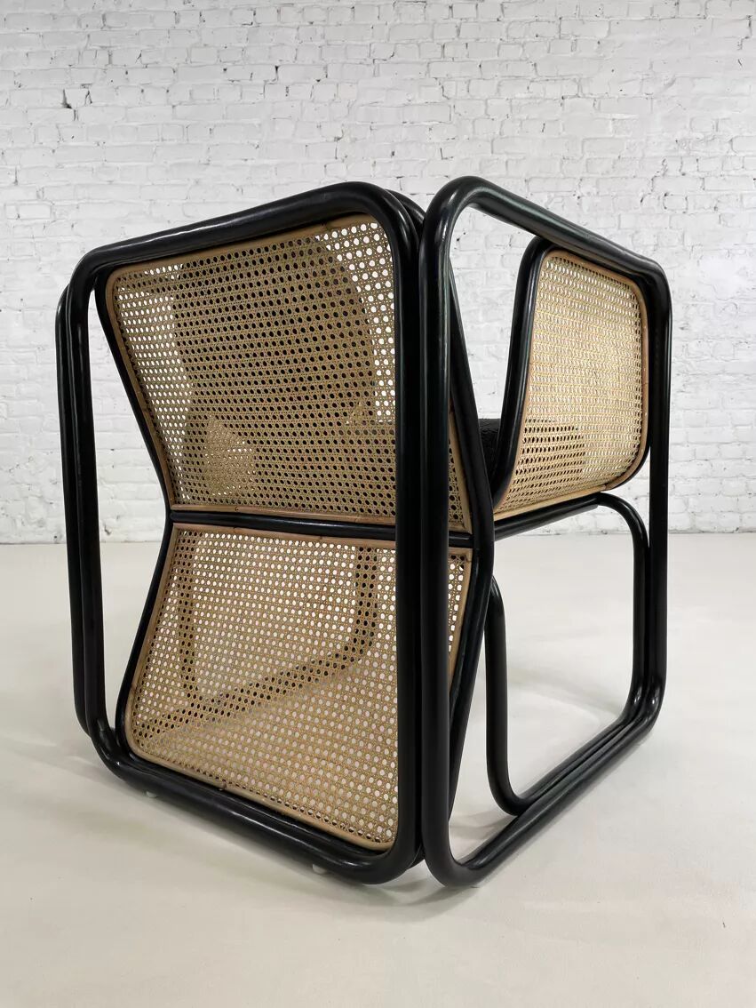 Cubic armchair in black rattan and canework