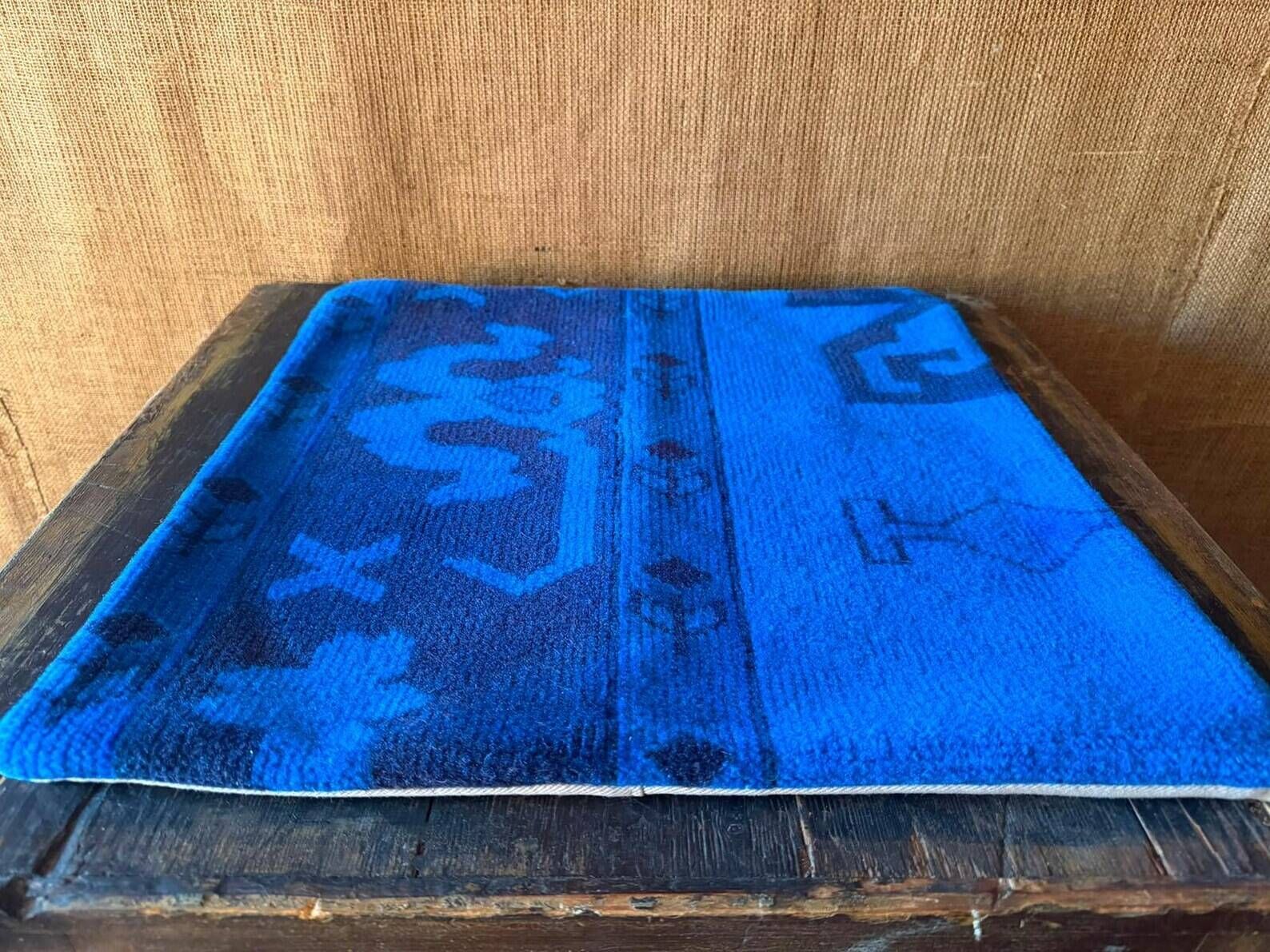 Electric Blue Vintage Turkish Rug Pillow, Hand-Stitched Wool Cushion