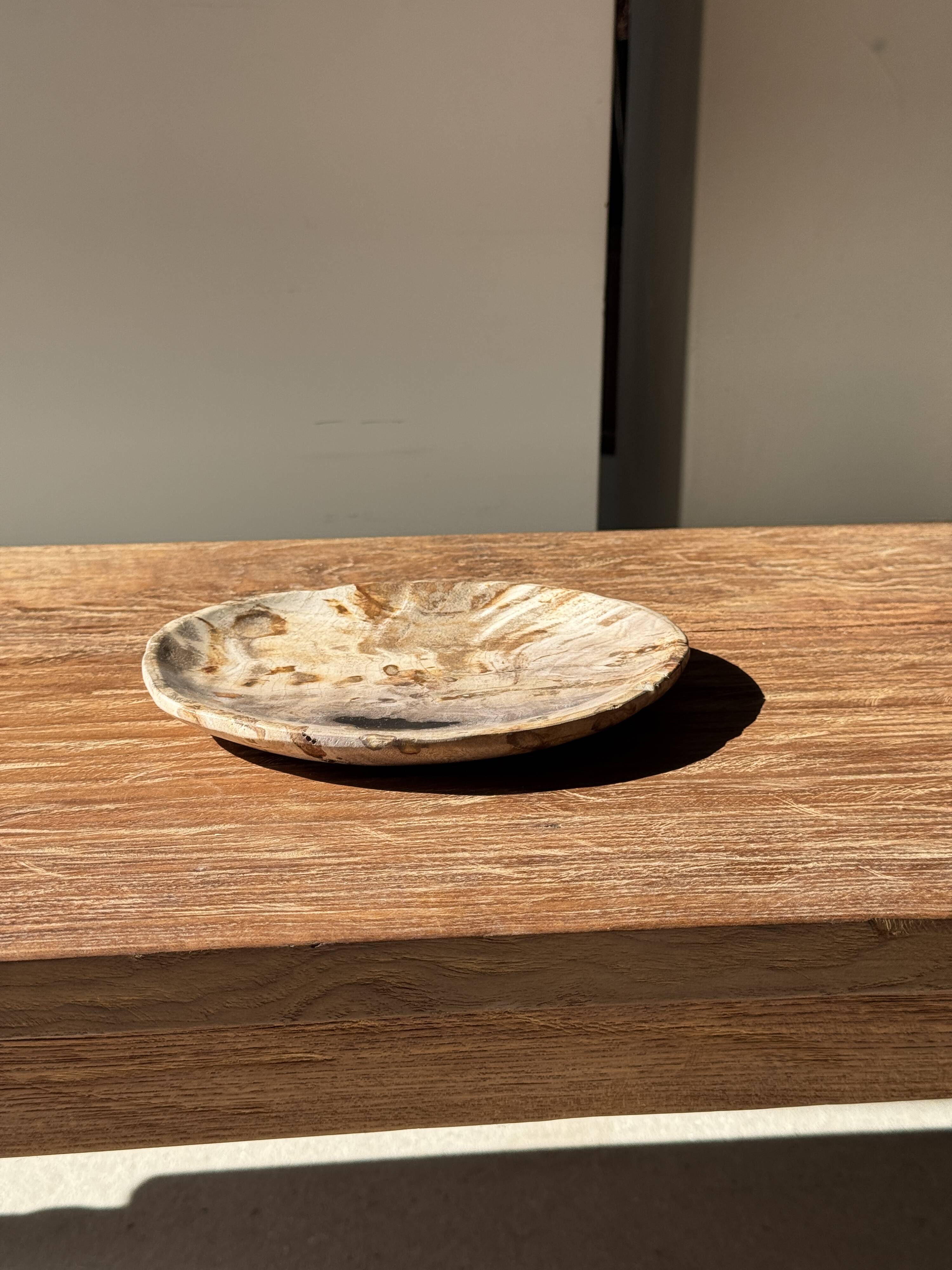 Petit vide poche ou plat en bois pétrifié beige tache noire D20x17 -3316
