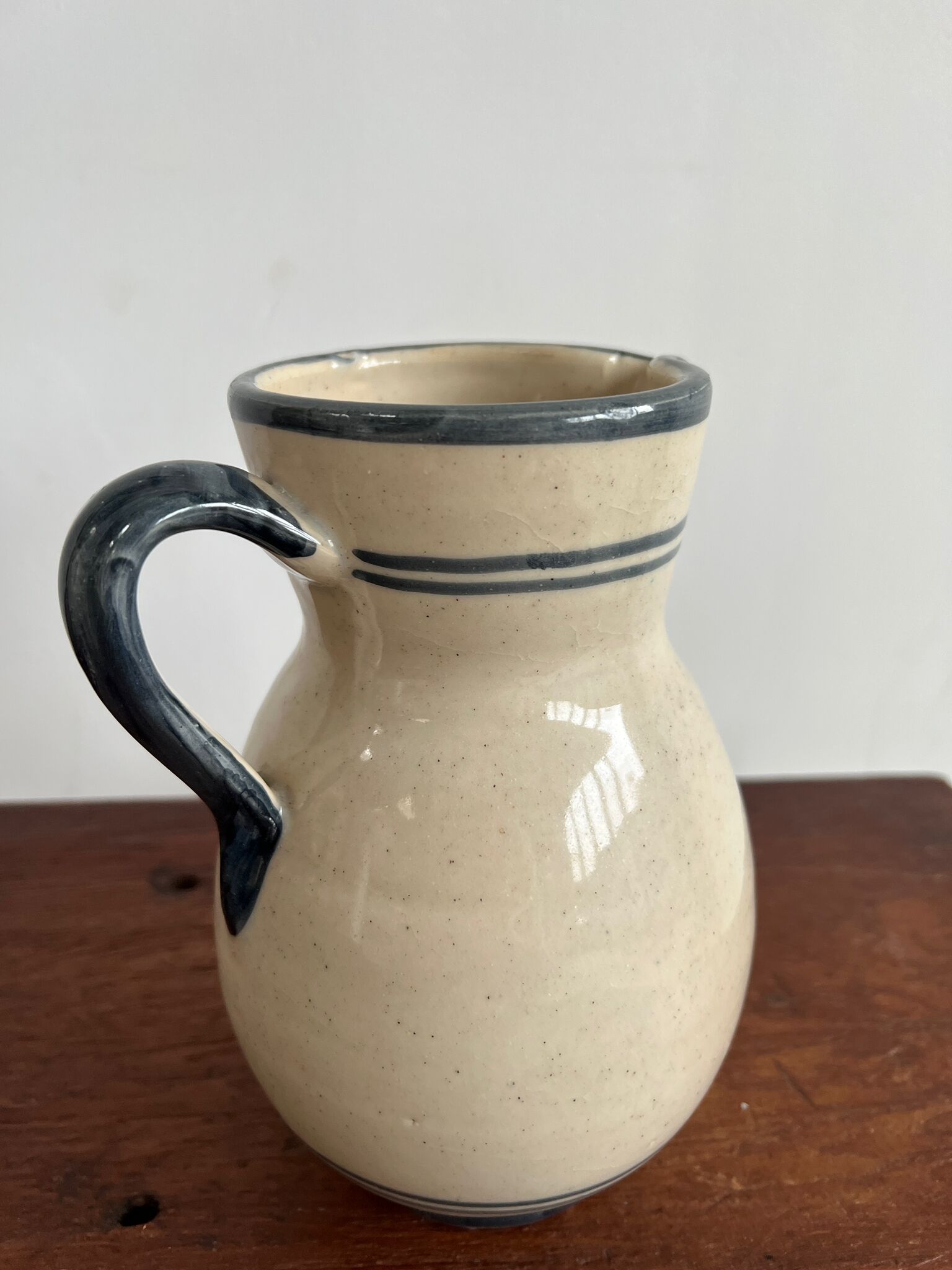 Off-white glossy ceramic decanter, hand-painted gray blue patterns H:20cm