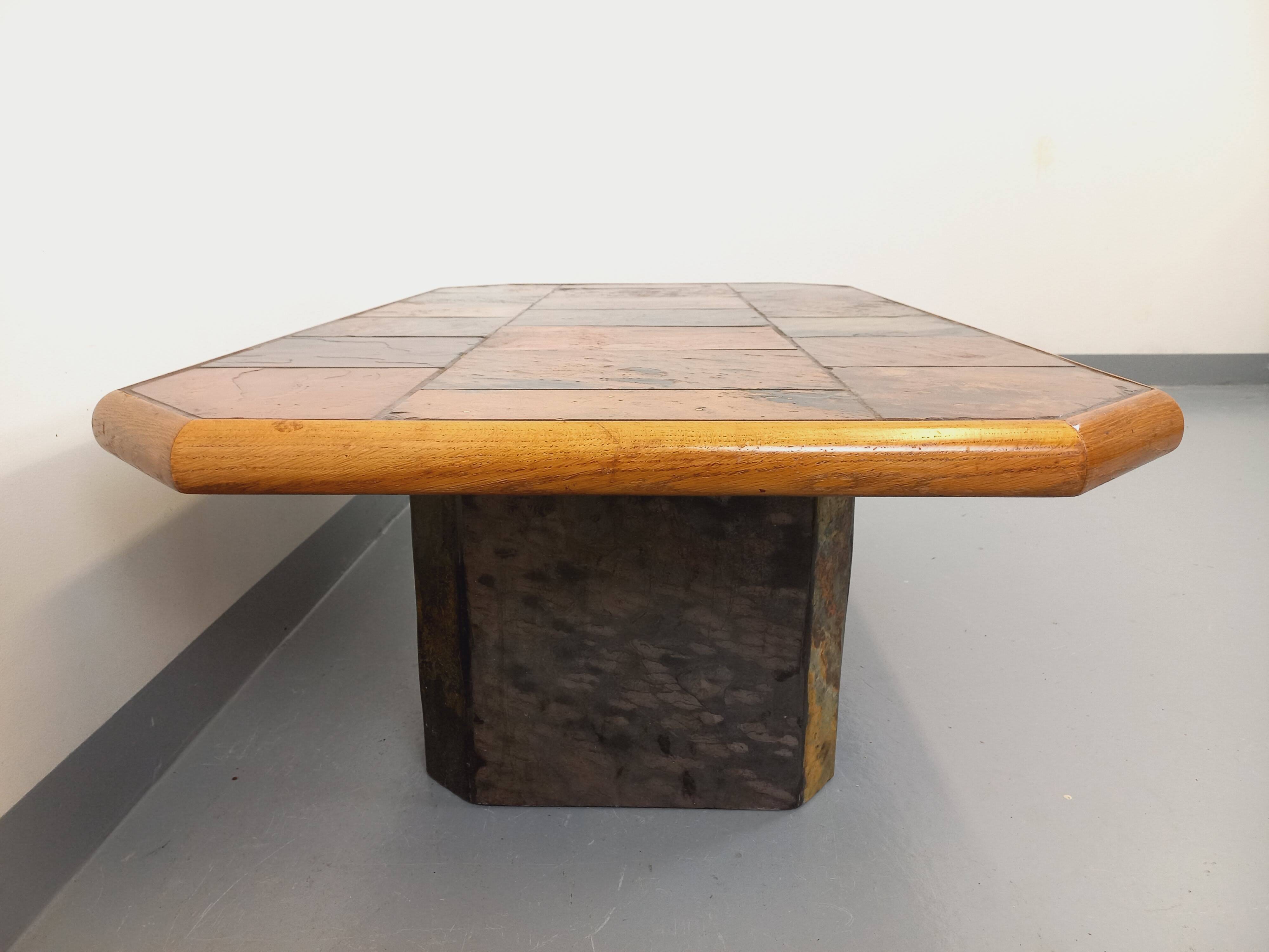 Vintage Brutalist Stone and Oak Coffee Table from the 70s 80s