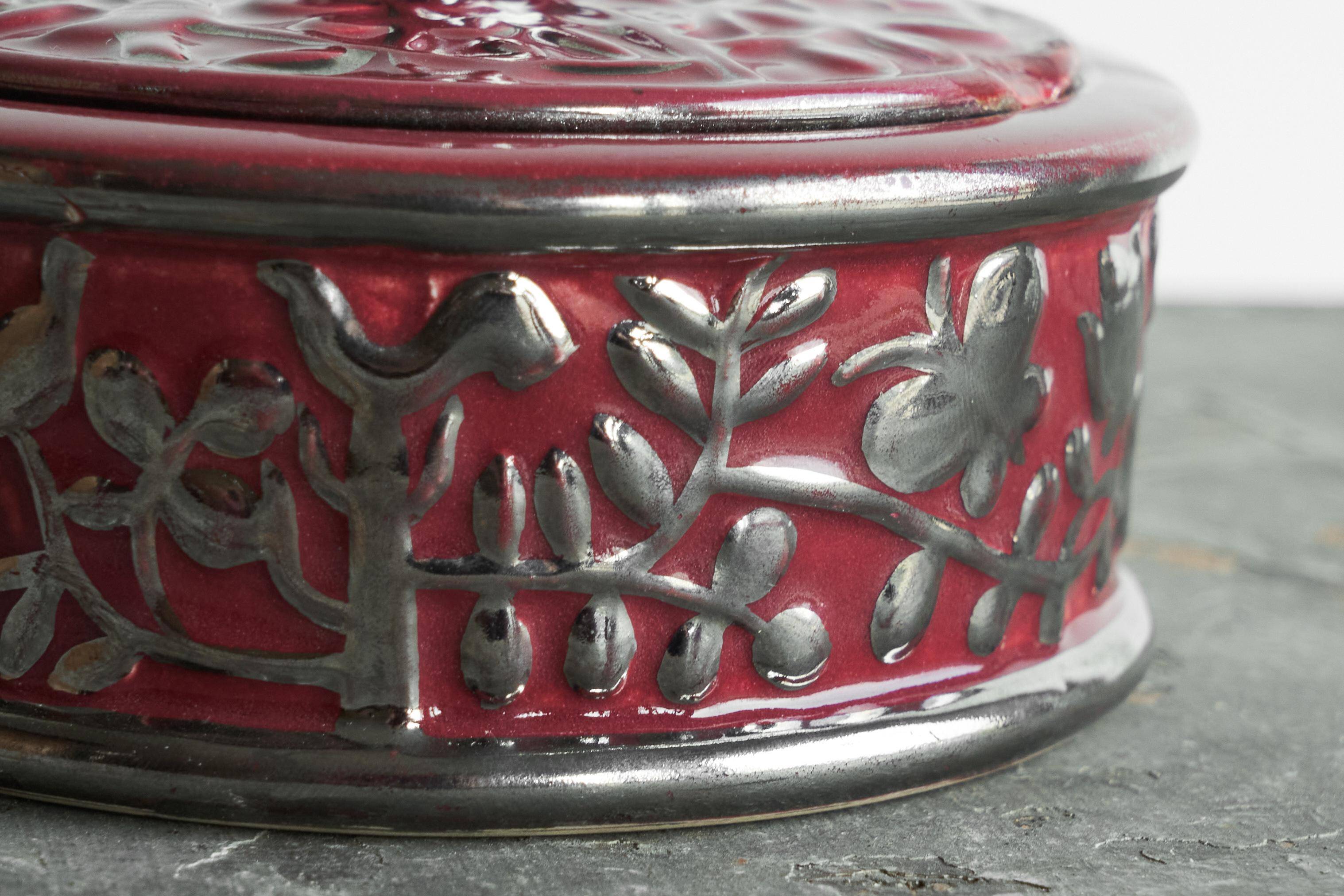 Boch Frères Keramis Rosa bowl with lid, flowers and butterflies in silver glaze.