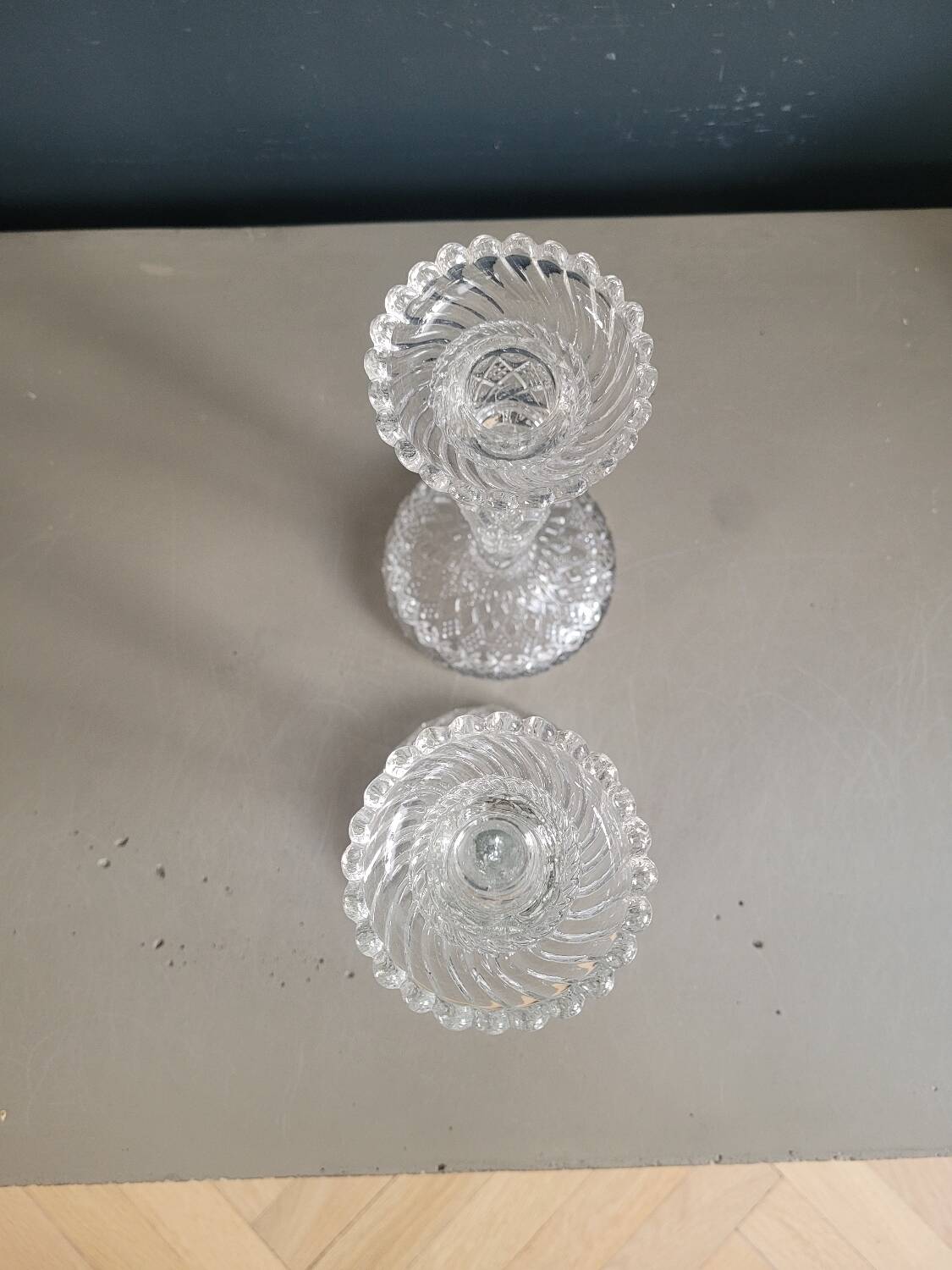 Pair of antique molded glass candlesticks