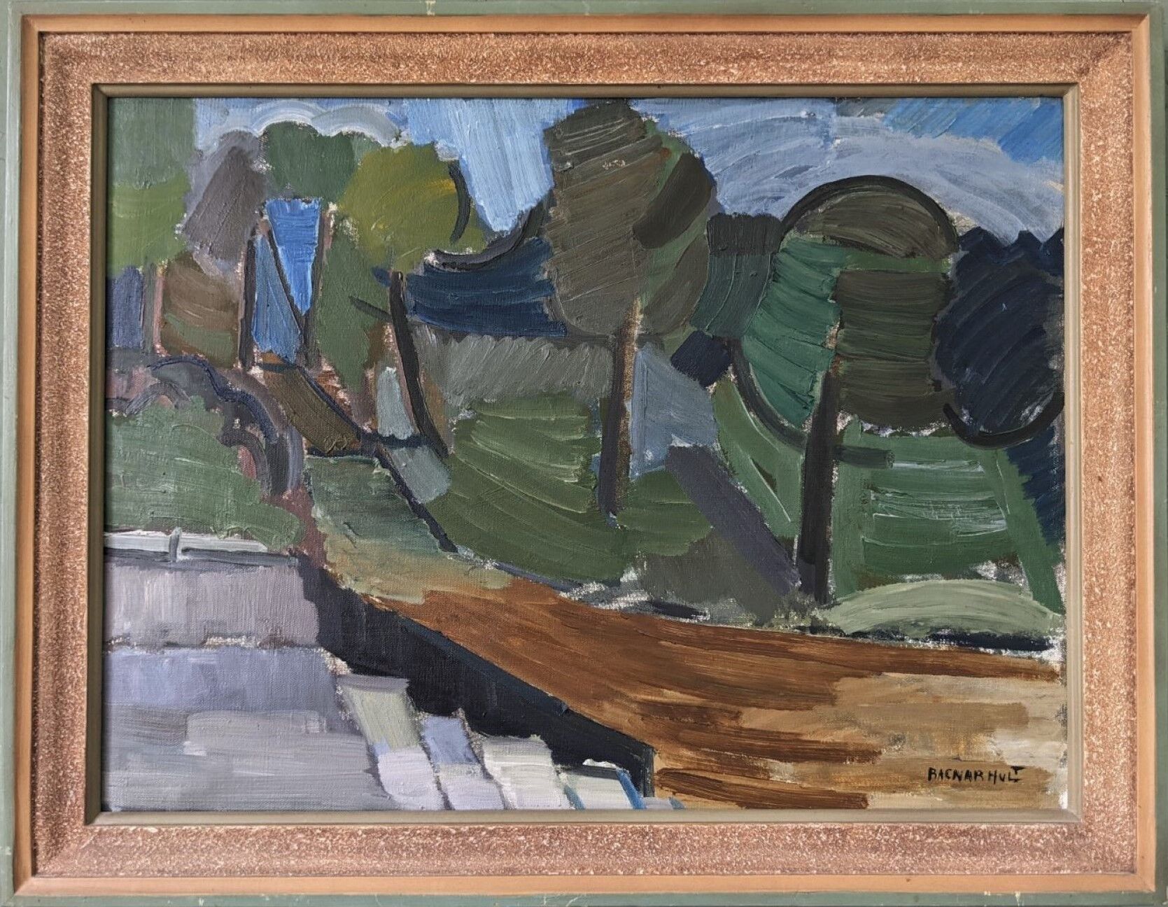 Mid-Century Modern Swedish Oil Painting "Green Park" Vintage Framed Landscape