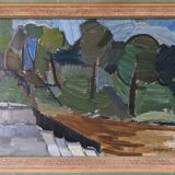 Mid-Century Modern Swedish Oil Painting "Green Park" Vintage Framed Landscape