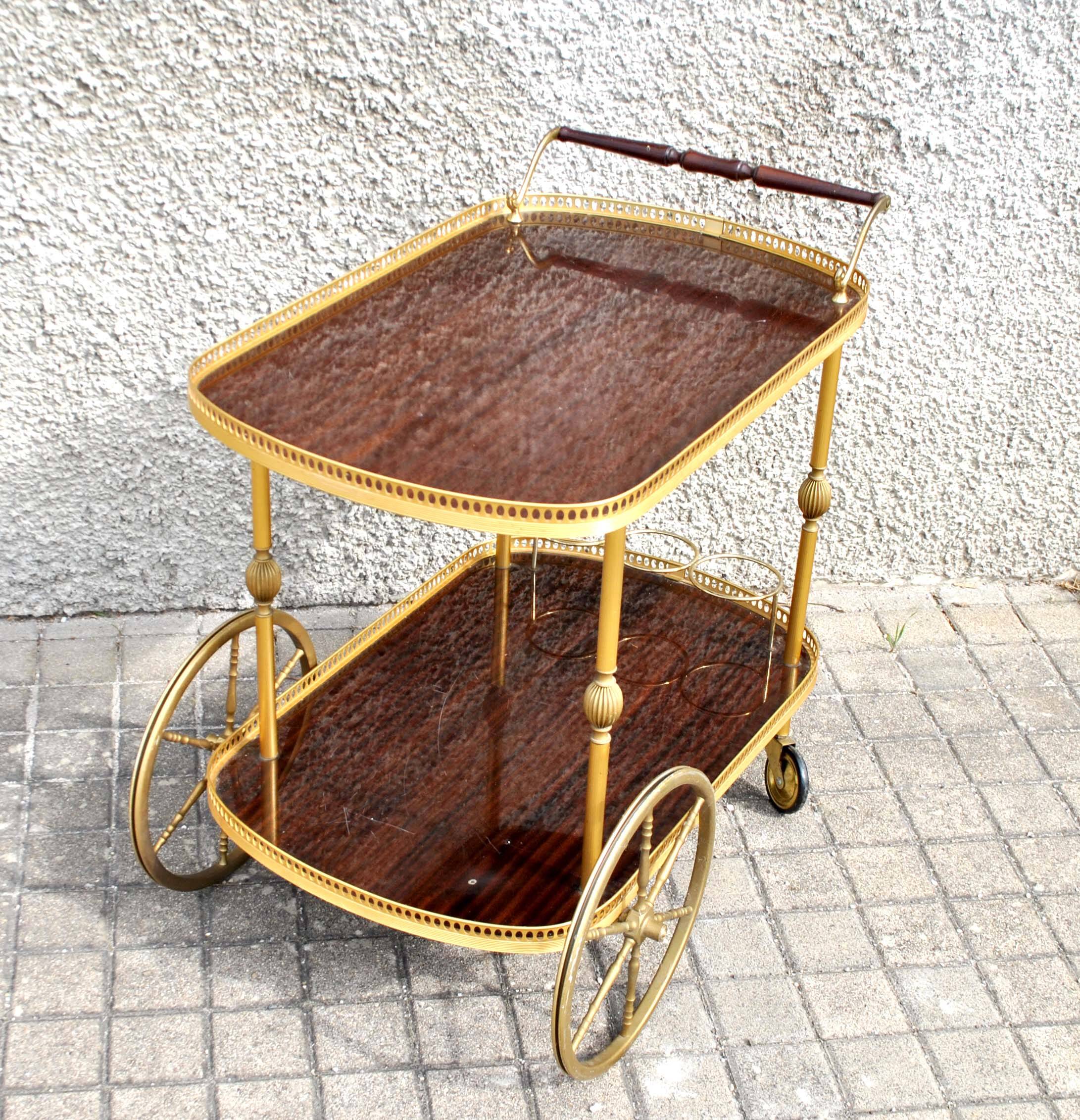 Vintage bar trolley in matte gold metal and melamine 1960