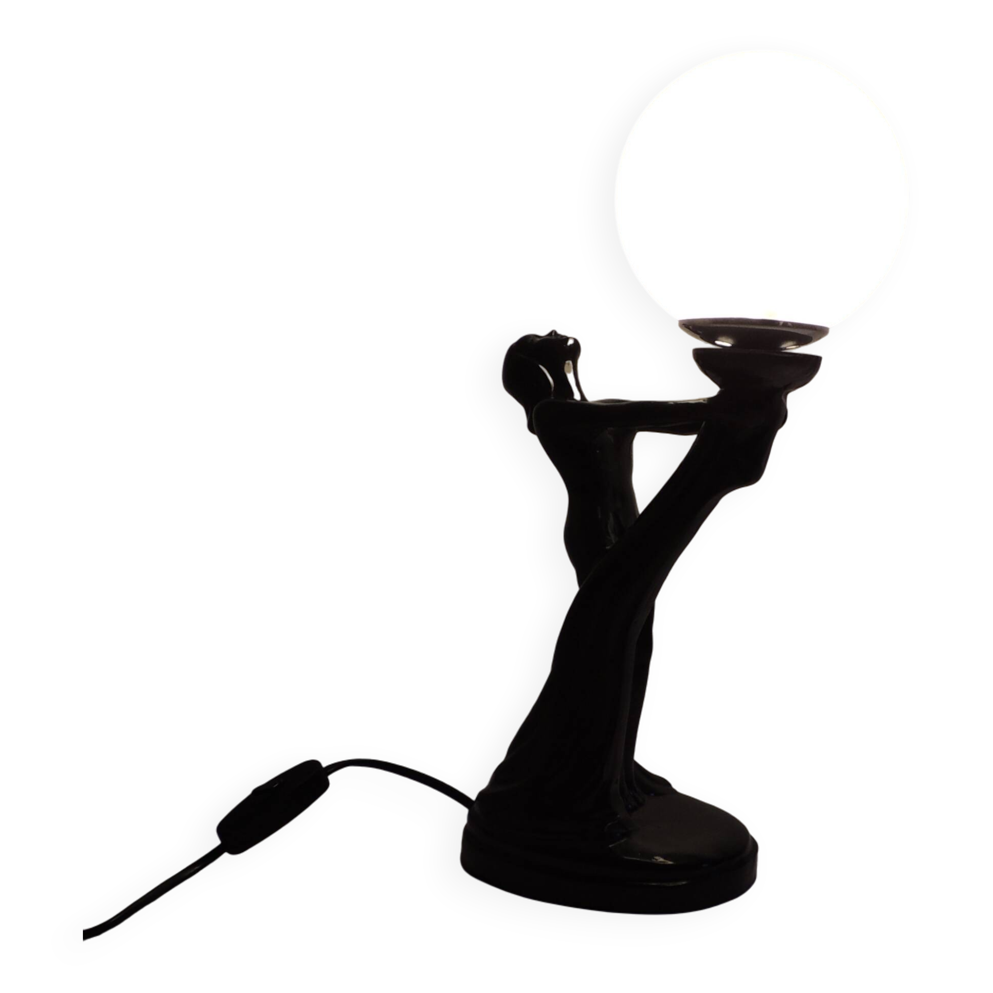 Art Deco lamp woman holding a luminous globe – Vintage resin lamp – L