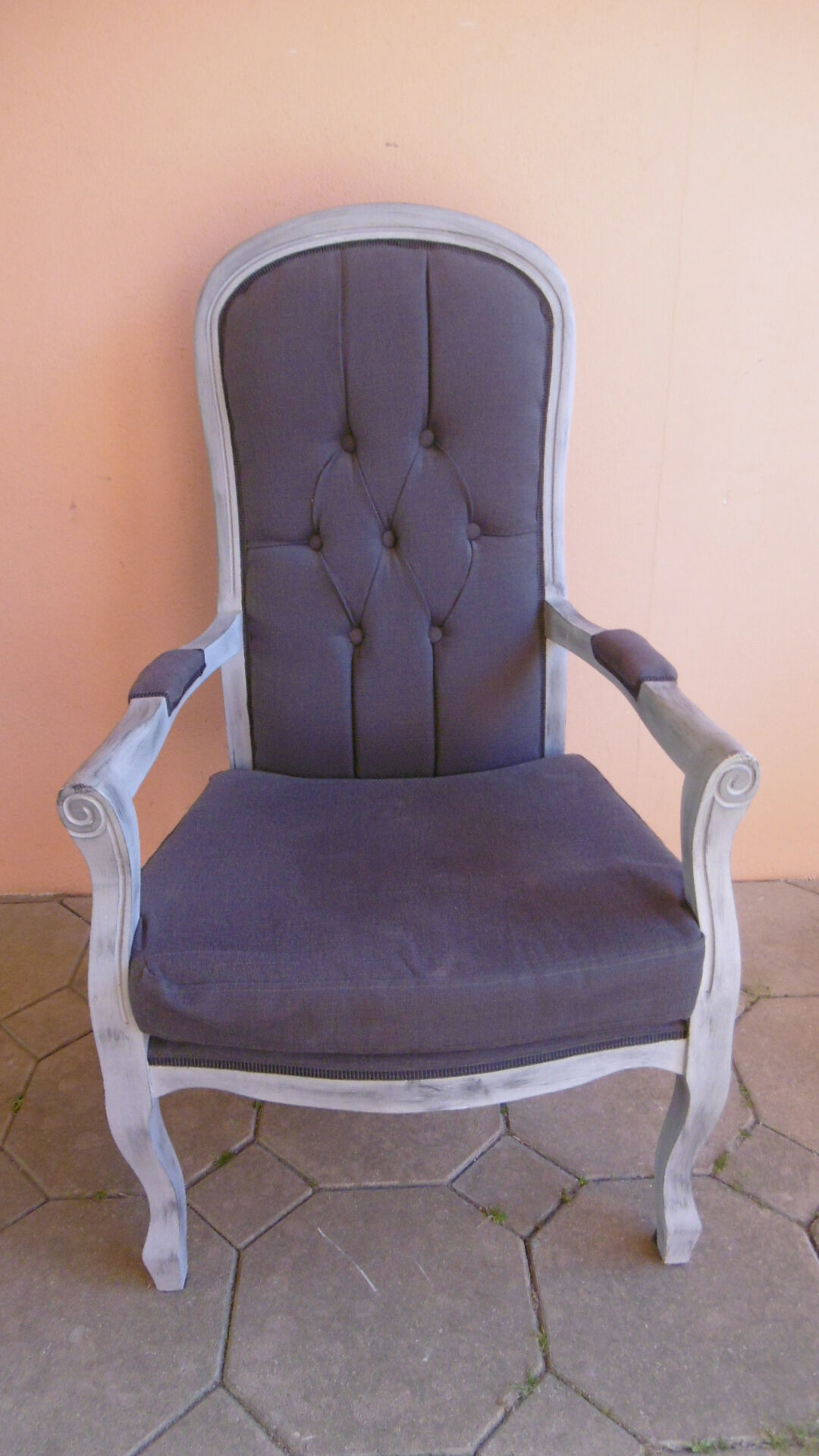GREY PATINATED VOLTAIRE ARMCHAIR AND ANTHRACITE FABRIC
