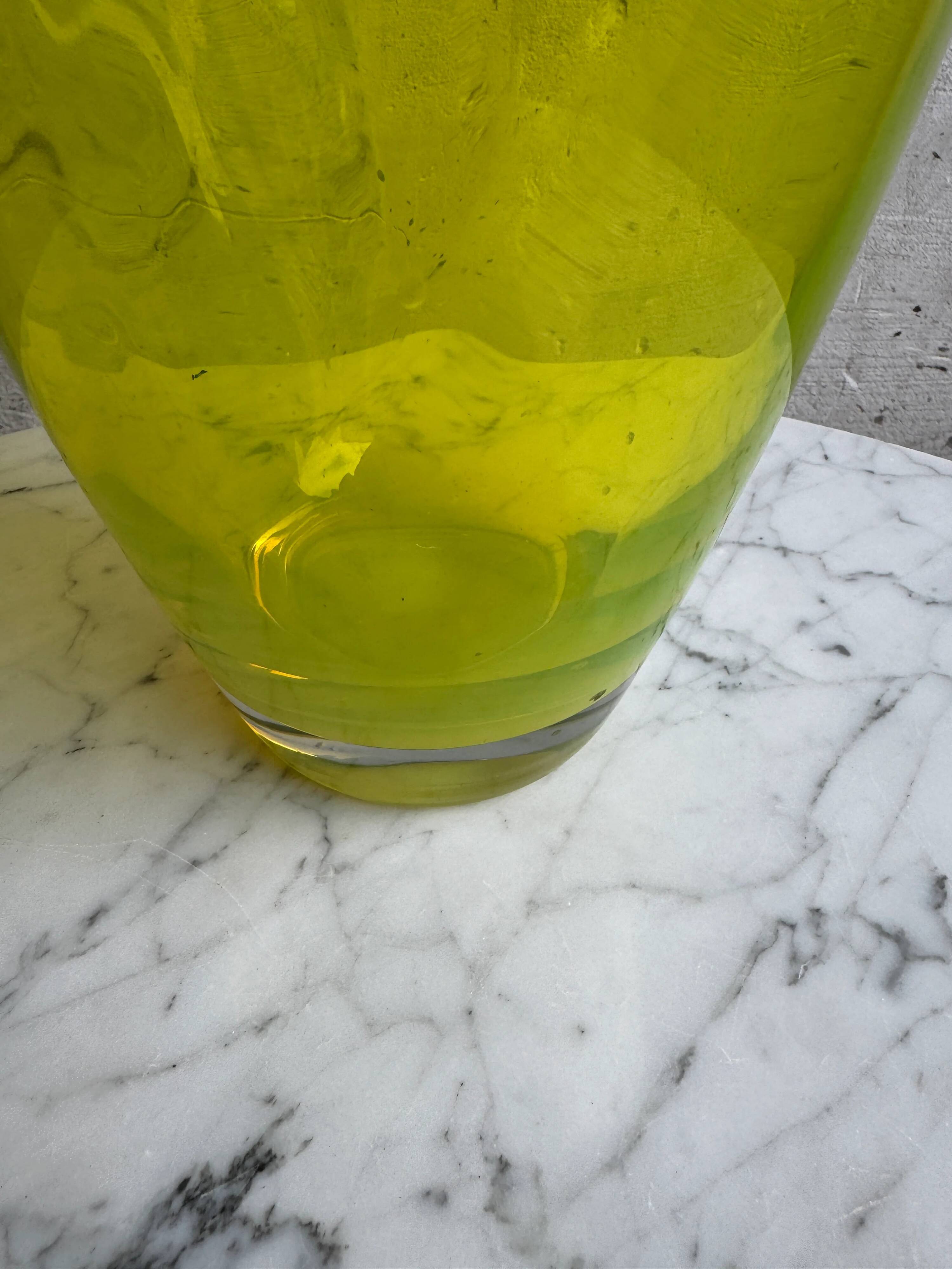 Lime Green Hand-Blown Uranium Glass Swirl Vase — 30 cm, Flared Rim, Art Glass