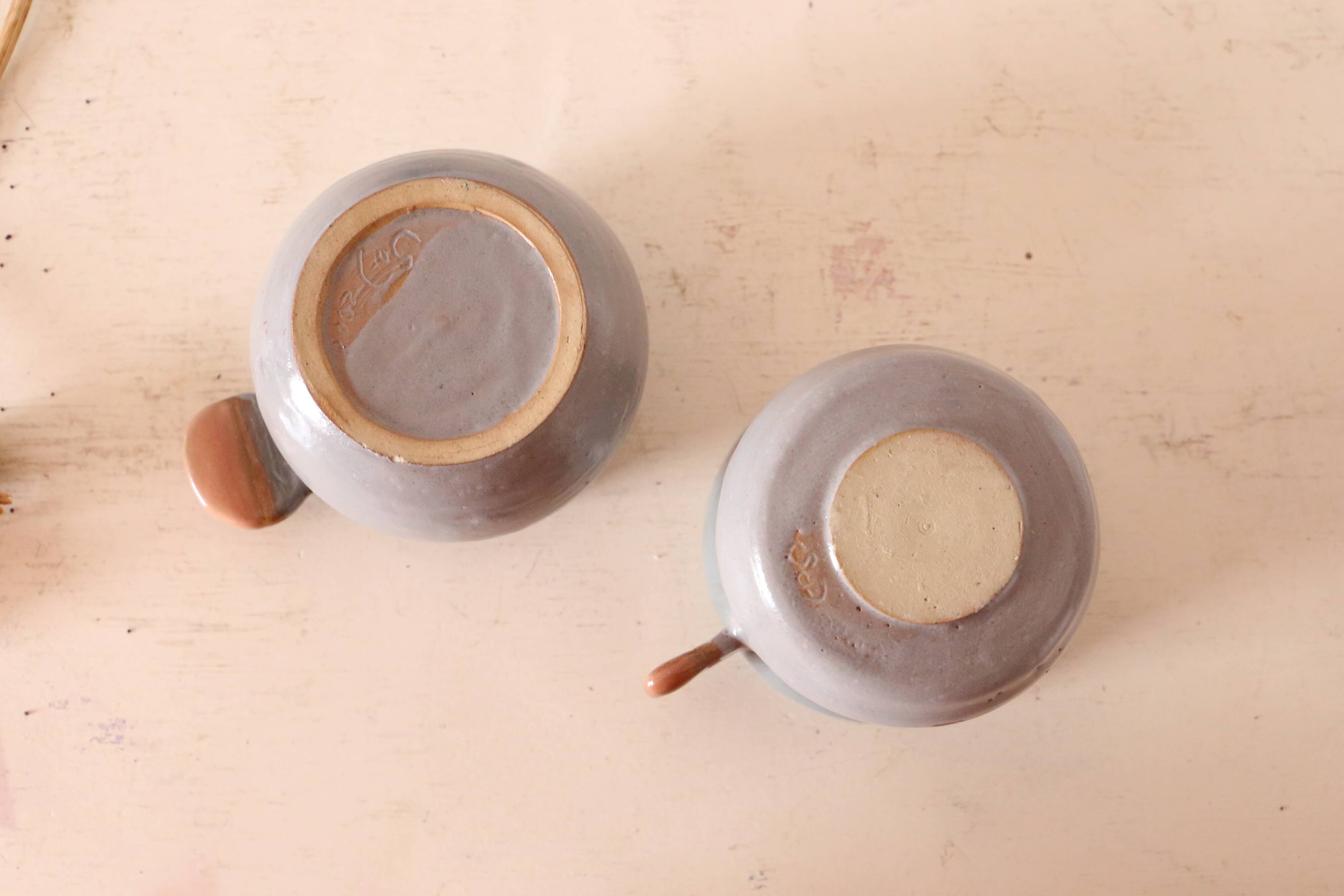 Set of 2 sandstone cups, artisanal pottery, vintage, 1980