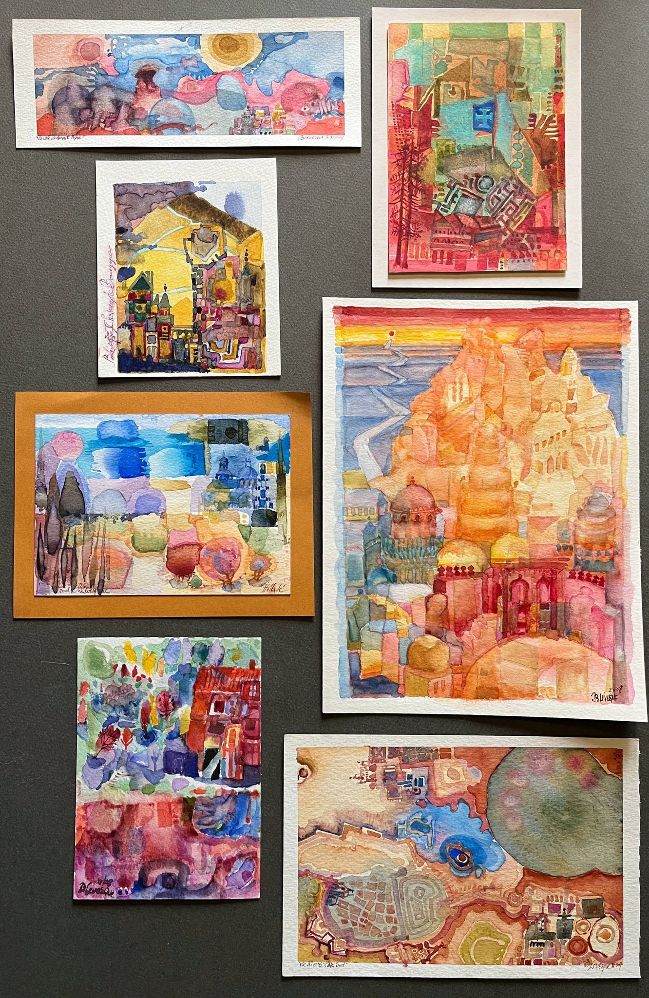 Set of 7 watercolor paintings signed B. Lévêque Burgundy Brittany