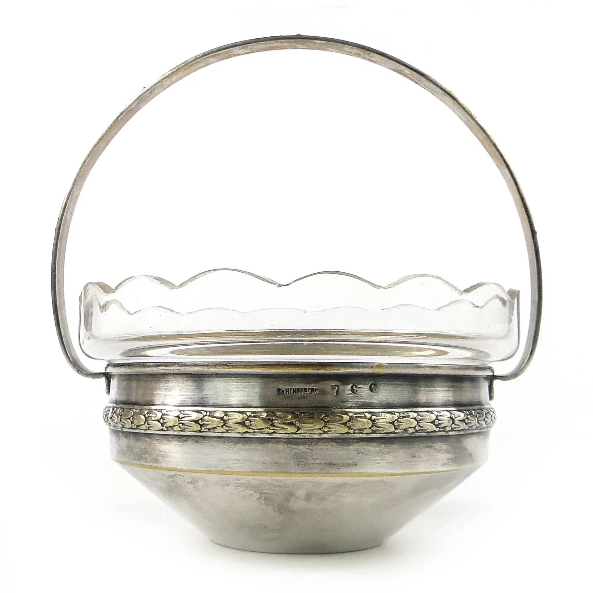 Basket sugar bowl Eclecticism, silver-plated brass, crystal, Poland, 1930s.