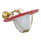Suspension in perforated red lacquered metal, brass and opaline in the style of Mathieu Matégot