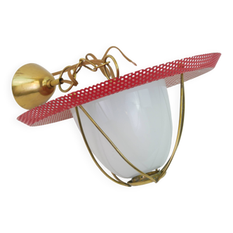 Suspension in perforated red lacquered metal, brass and opaline in the style of Mathieu Matégot