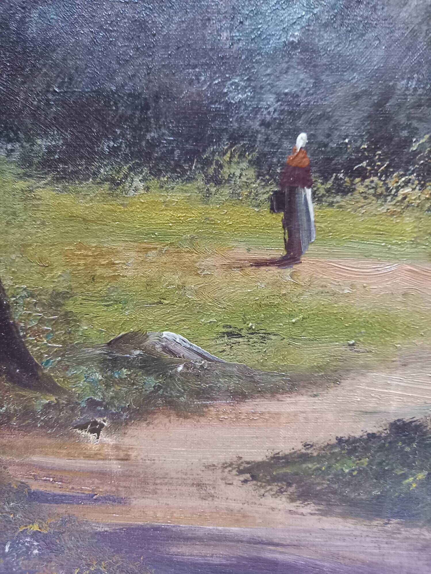 Old painting, oil on canvas representing a forest scene, early twentieth century