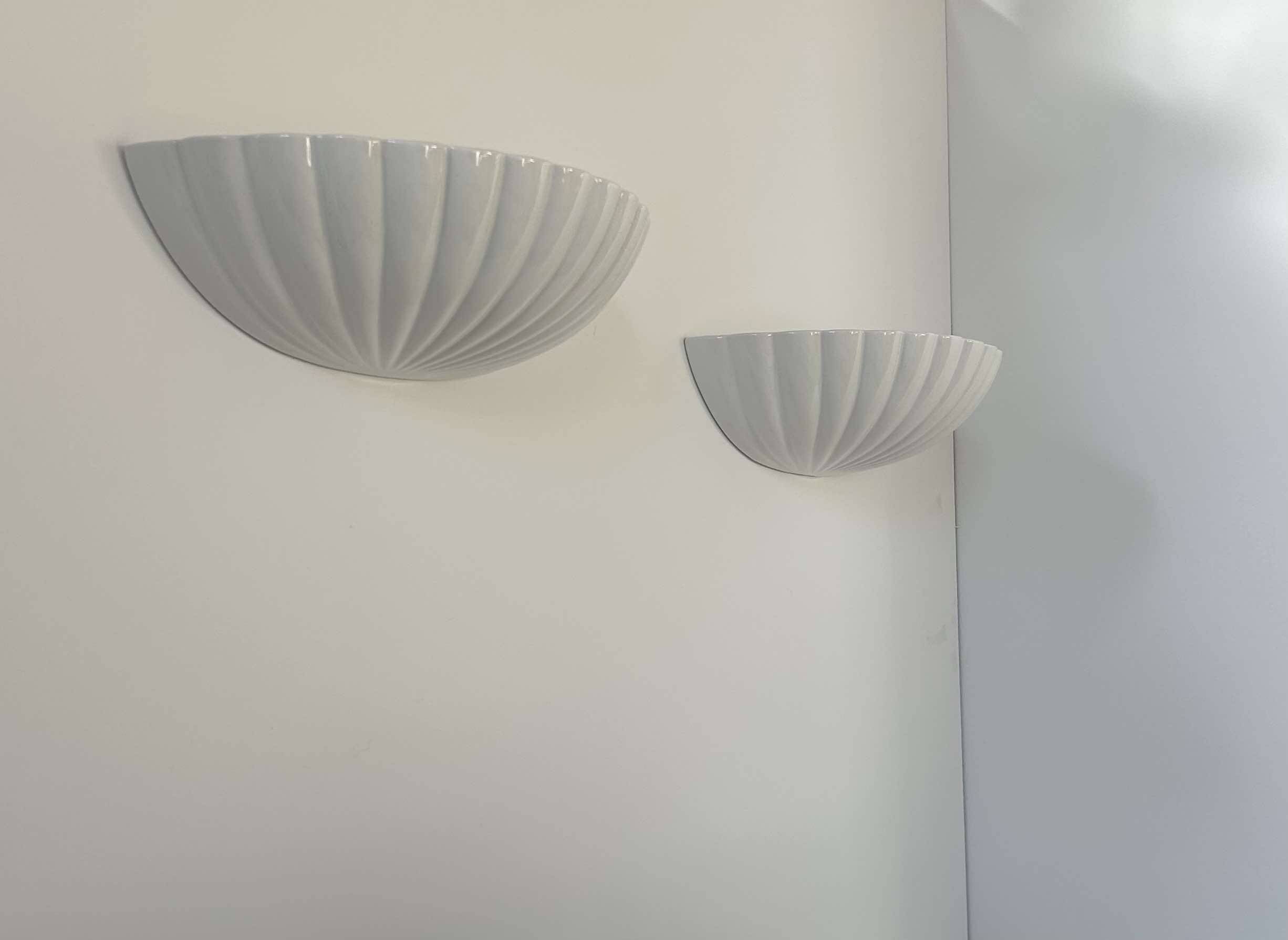 Pair of vintage shell wall lights, white porcelain, France 1970