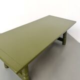 Glossy olive green lacquered dining table — DLG Georges Robert, Circa 1970