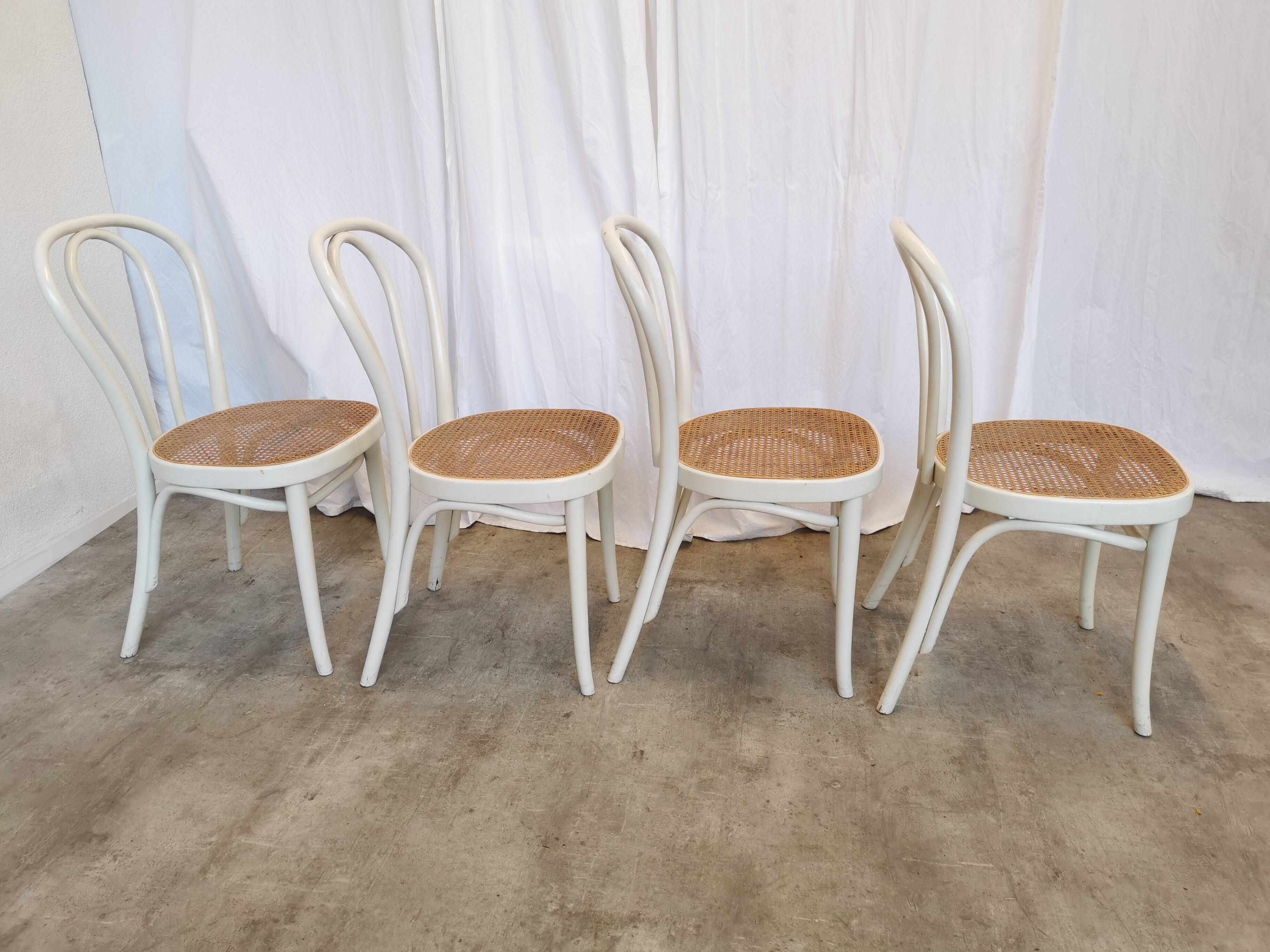 Set of 4 Vintage Thonet Style Dining Chairs: White Wood & Cane