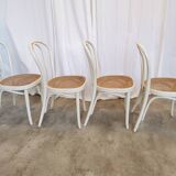 Set of 4 Vintage Thonet Style Dining Chairs: White Wood & Cane