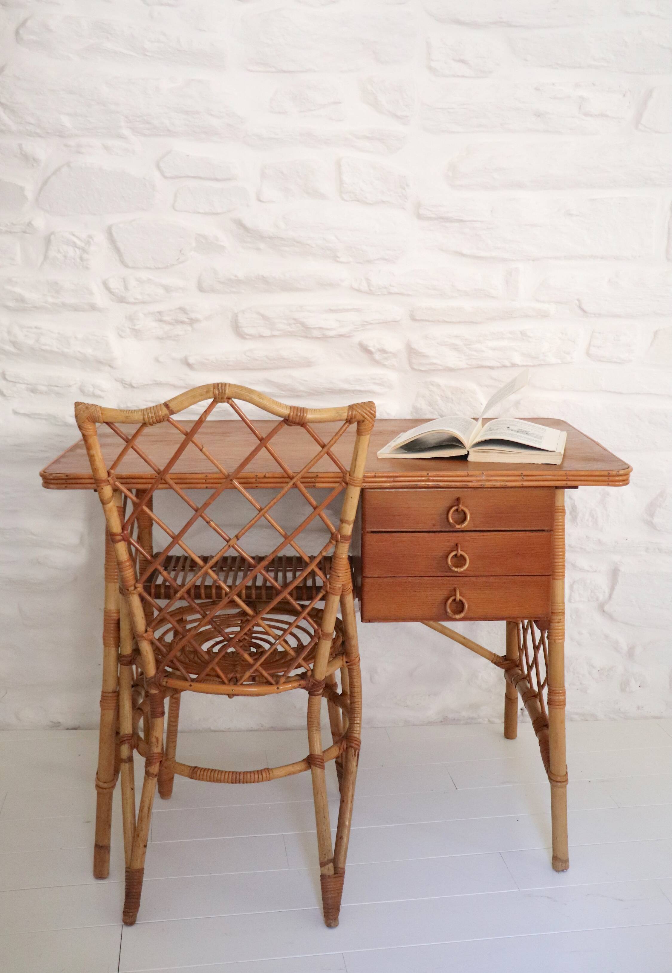Desk and chair in rattan, Louis Sognot, 1950s-1960s.