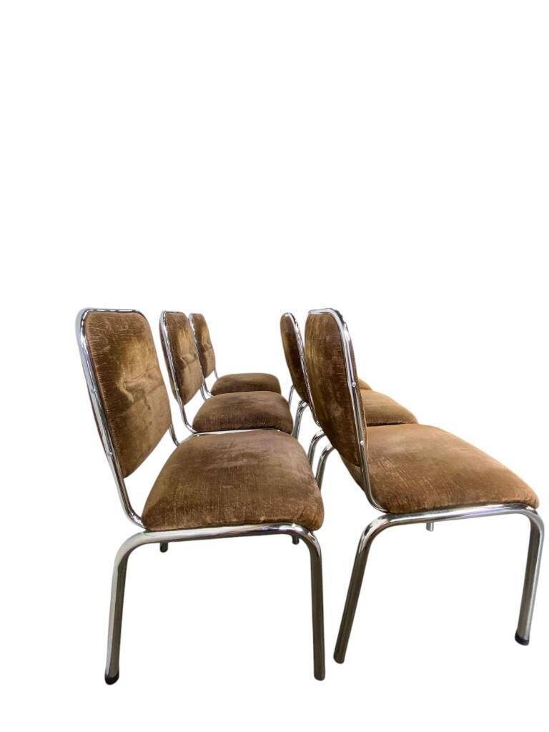 Set of 6 vintage chrome chairs with brown seats