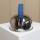 Polished argent metal kettle with blue accents – Italian 1980s design, retro stainless
