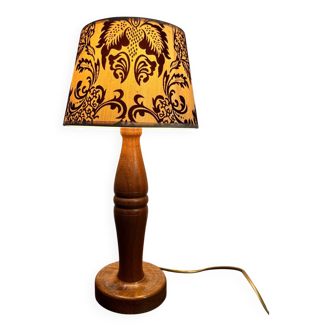 Solid wood table lamp with baroque shade from the 70s