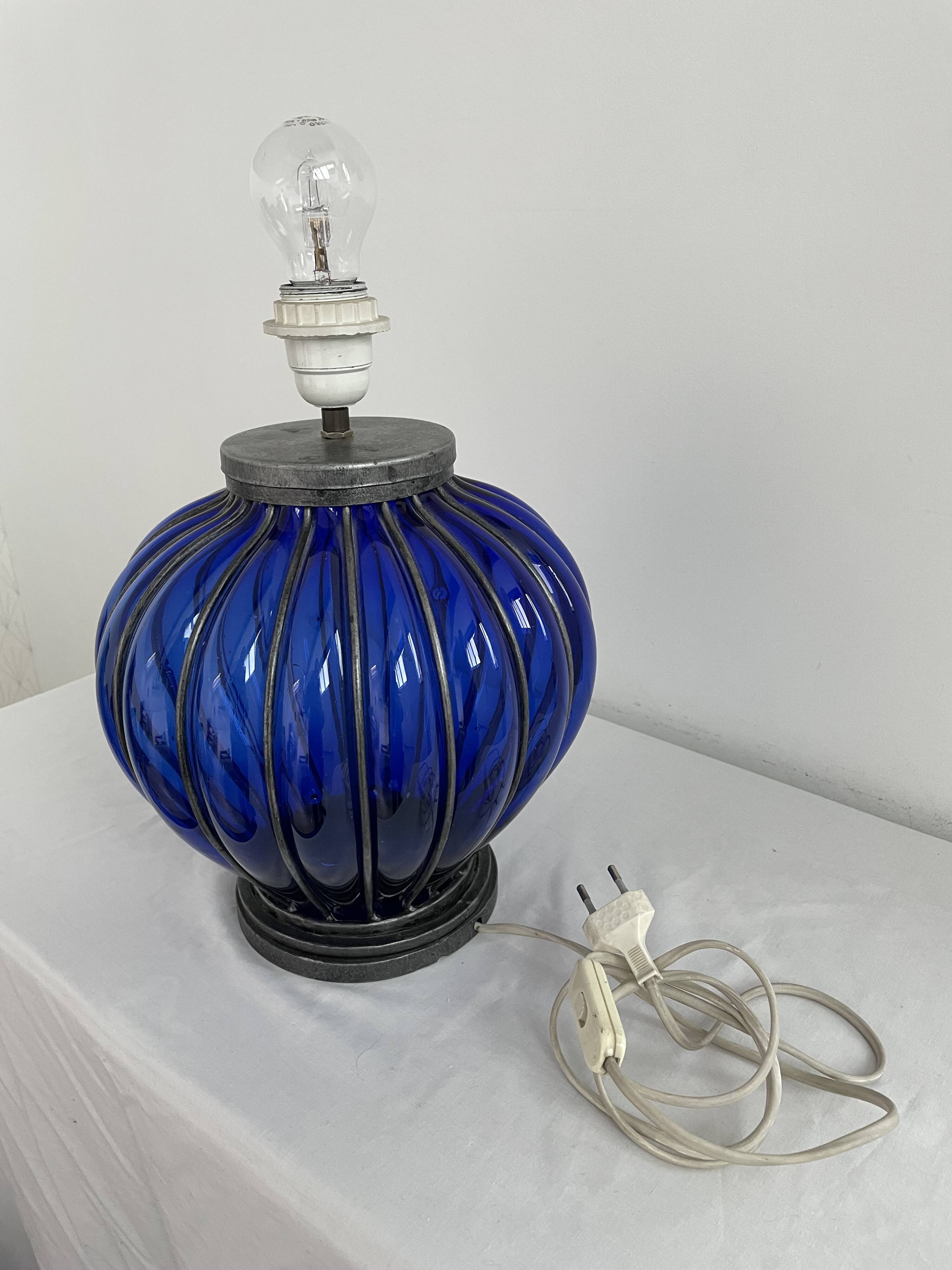 Vintage, blown glass lamp base, cobalt blue, silver metal frame, designer lamp, chic