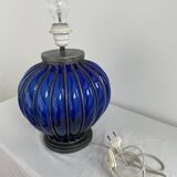 Vintage, blown glass lamp base, cobalt blue, silver metal frame, designer lamp, chic