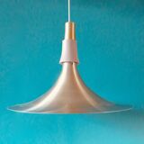 Large trumpet lamp in brushed-gold aluminum. Denmark 1970