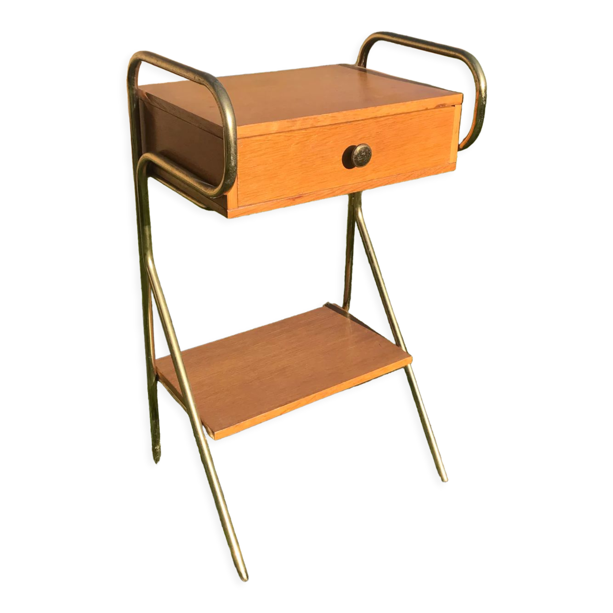 Vintage bedside table 1960 oak and brass