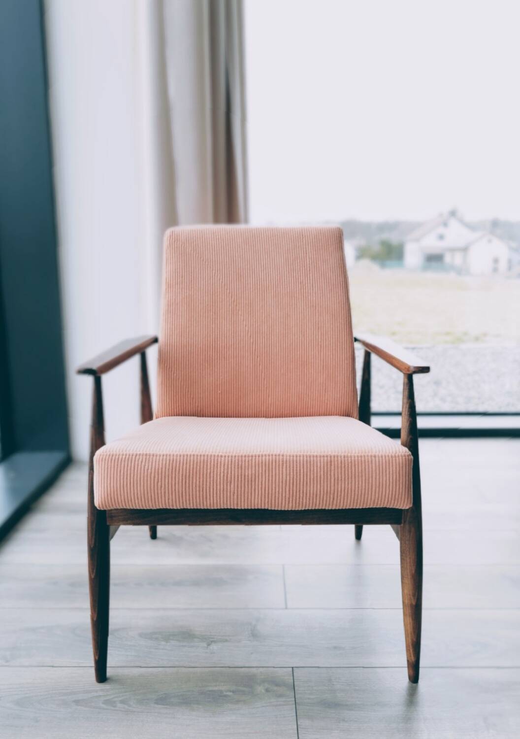 Scandinavian Lounge Chair Light Coral Pink Corduroy Classic Design