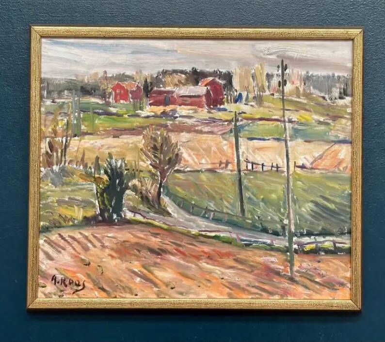 Original Swedish Oil on Panel – “Landscape” by Alexander Roos (1895–1973) – Signed – Vintage & Framed – 48 × 41 cm