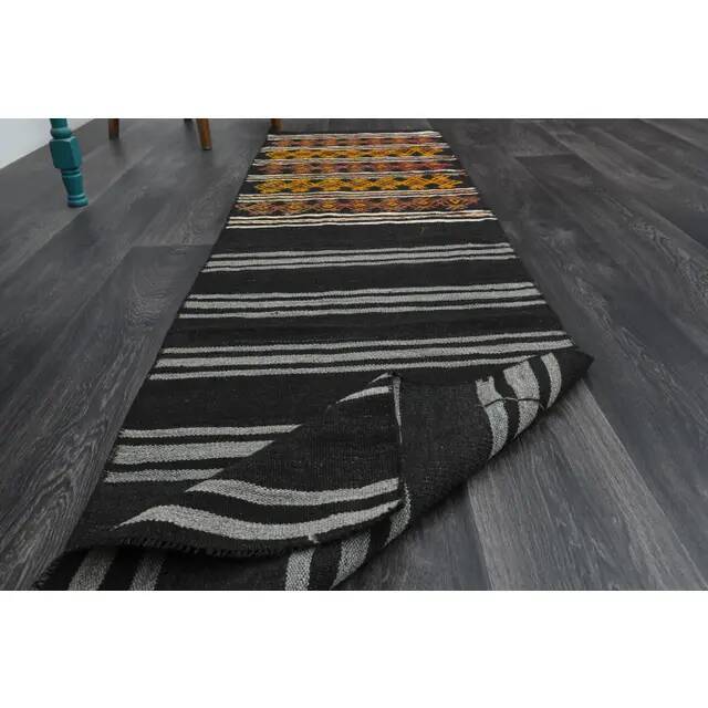 1970s Turkish Oushak Handmade Wool Cotton Black Runner Rug 63x246