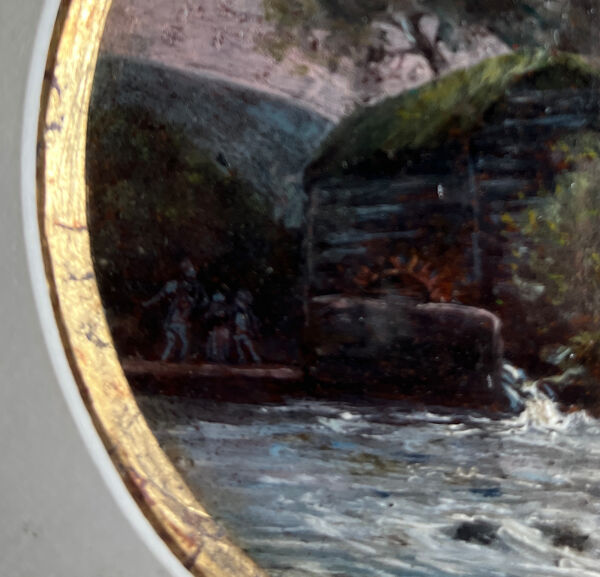 Tableau HSP Miniature ''Paysage animé au moulin à roue'' XIX° siècle
