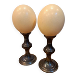 pair of ostrich eggs mounted on a metal base