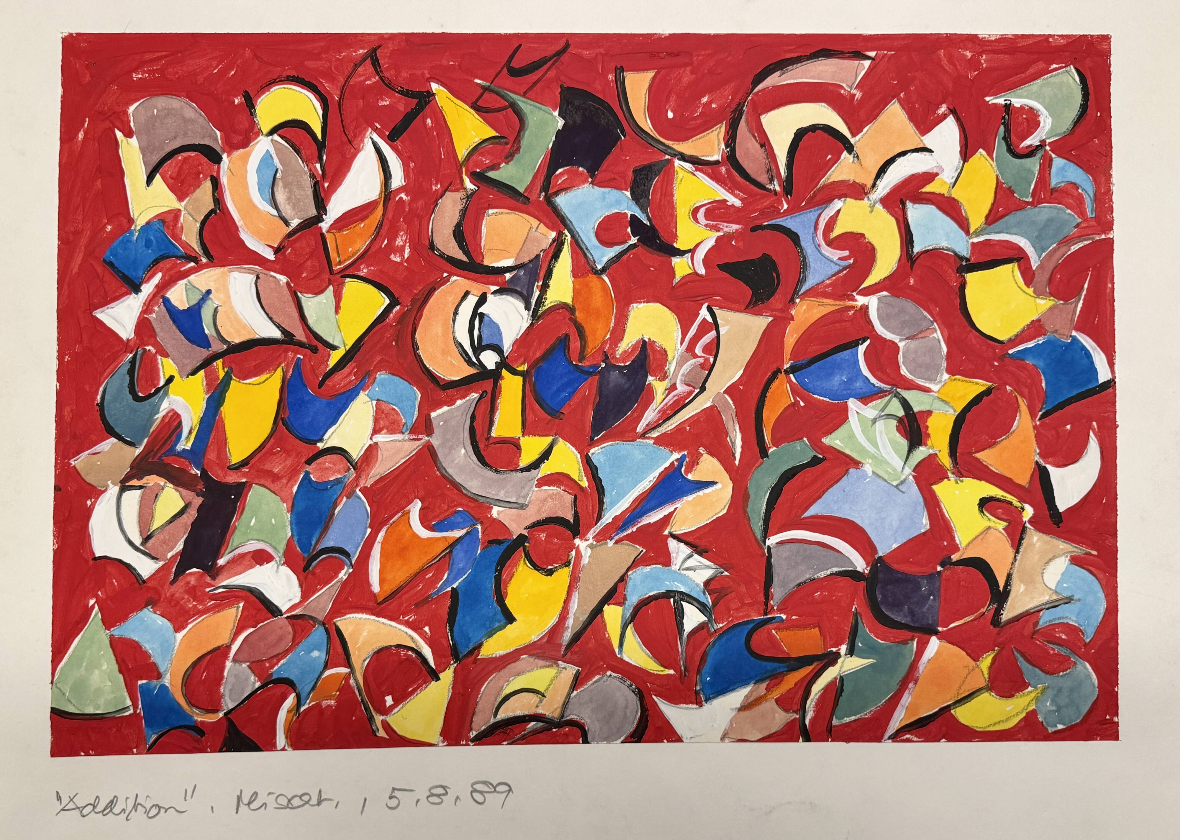 Helmut Dittmann – "Addition", Dynamic Abstract Painting on Red Ground, 1989