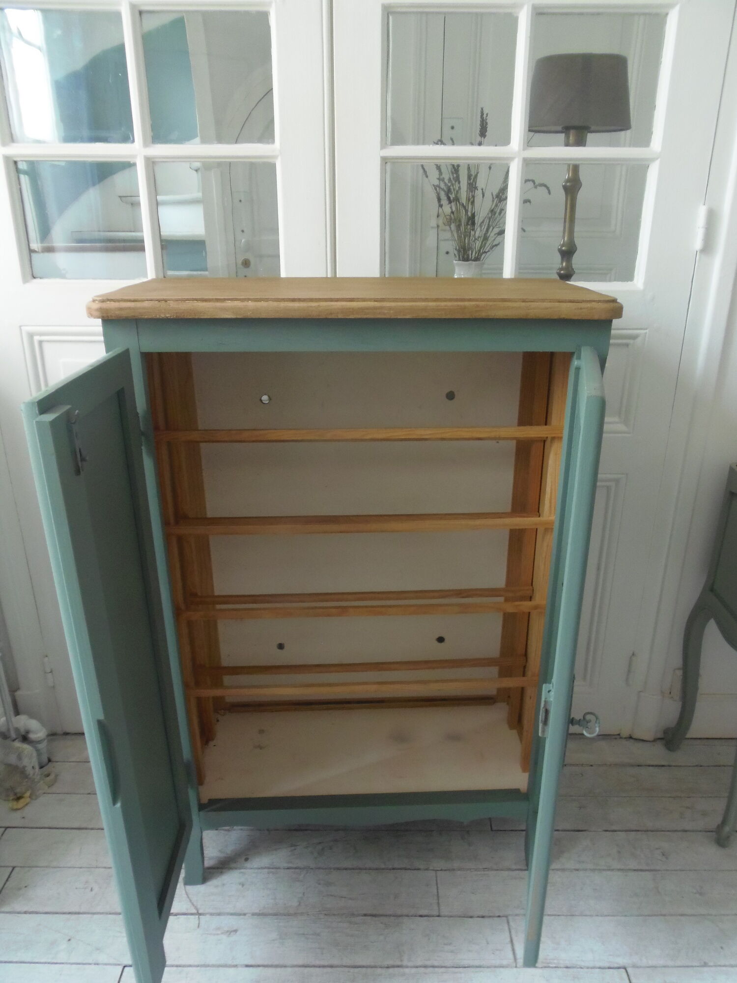 Vintage shoe cabinet smoked green wax finish, wooden top.