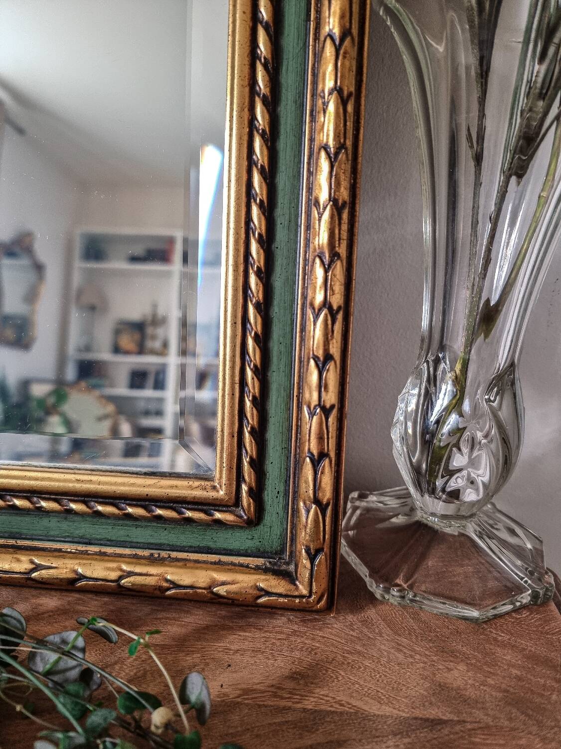 Gold and fir green beveled mirror, Louis XVI/Regency style, 1970