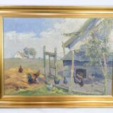 Oil Painting on Canvas with Motif of Chicken Farm and Fields