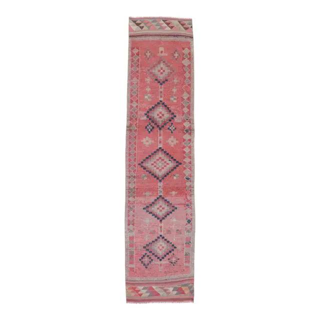 1970s Vintage Turkish Handmade Wool & Cotton Pink Runner Rug 75x318