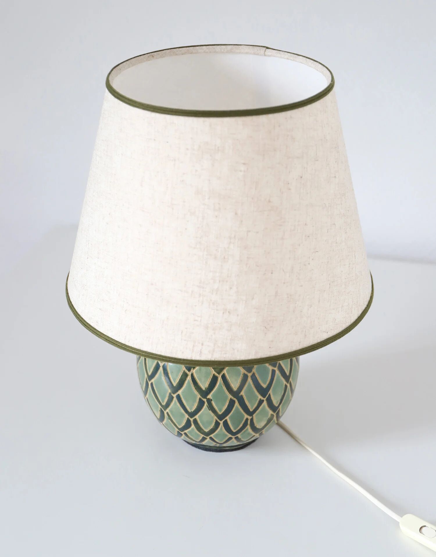 Recycled vintage lamp — ceramic art deco ball base and linen shade