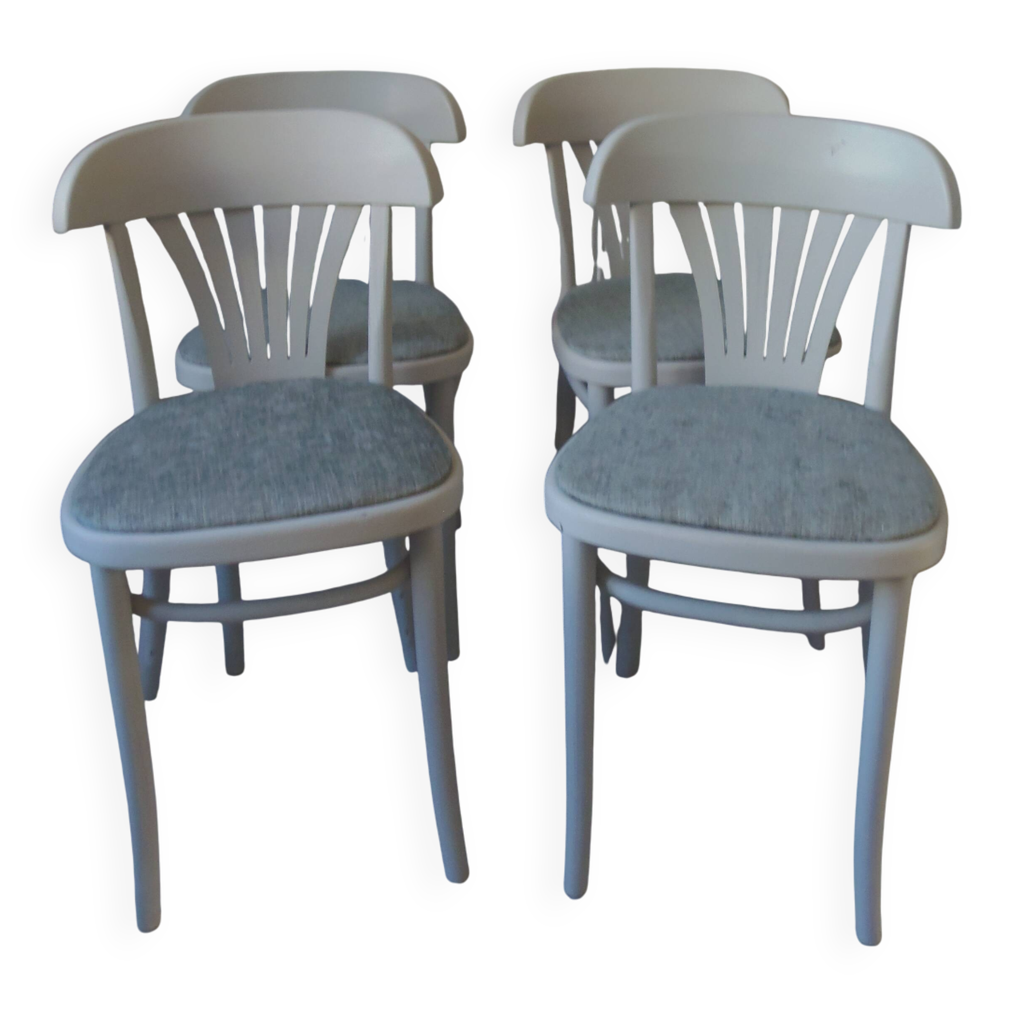 Set of 4 vintage bistro chairs enhanced in pearl grey.