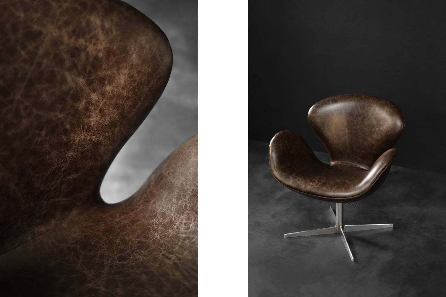 Brown leather Swan chair by Arne Jacobsen, mid-century Danish modernity.