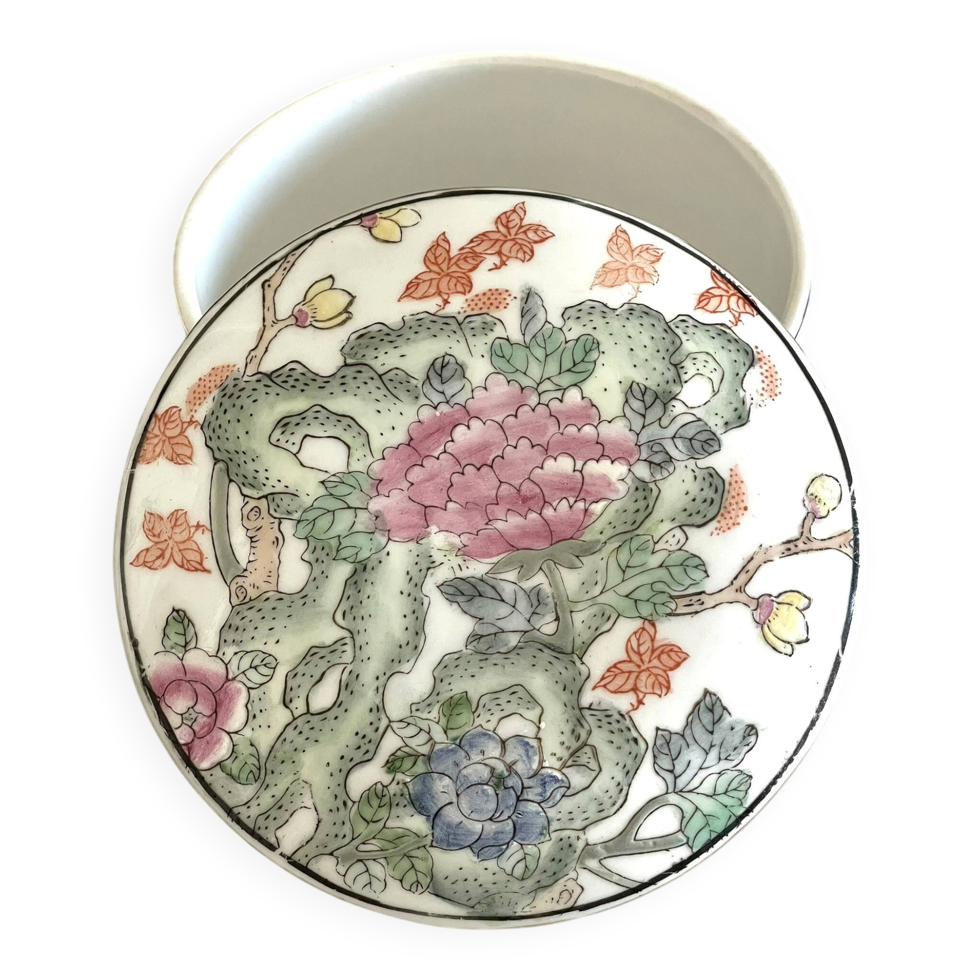 Vintage Chinese Porcelain Trinket Box H.F.P. Macau Famille Rose 1970s